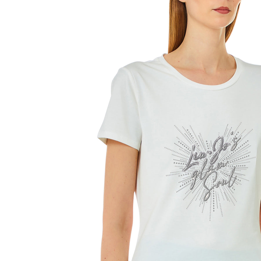 T-shirt donna con stampa e applicazioni