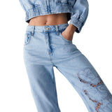 Jeans donna con ricami traforati