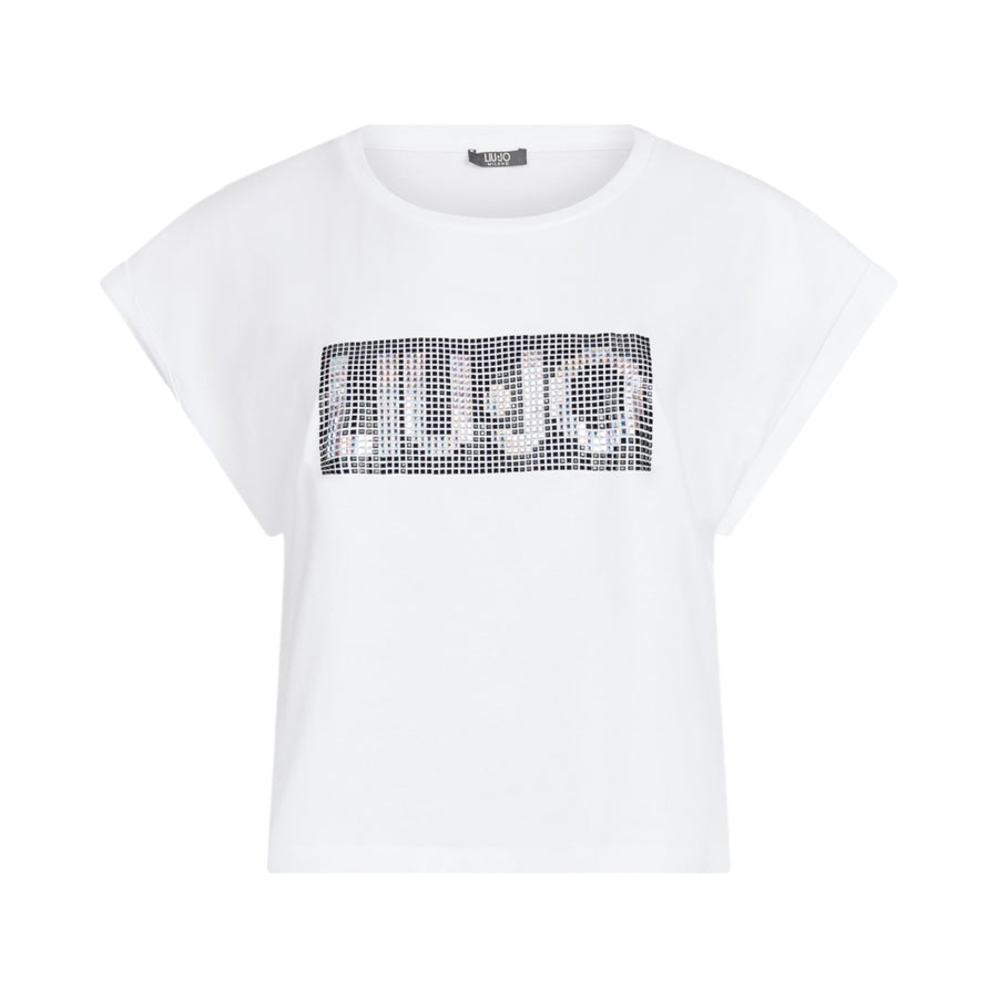 T-shirt donna con logo e strass