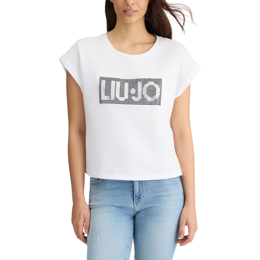 T-shirt donna con logo e strass