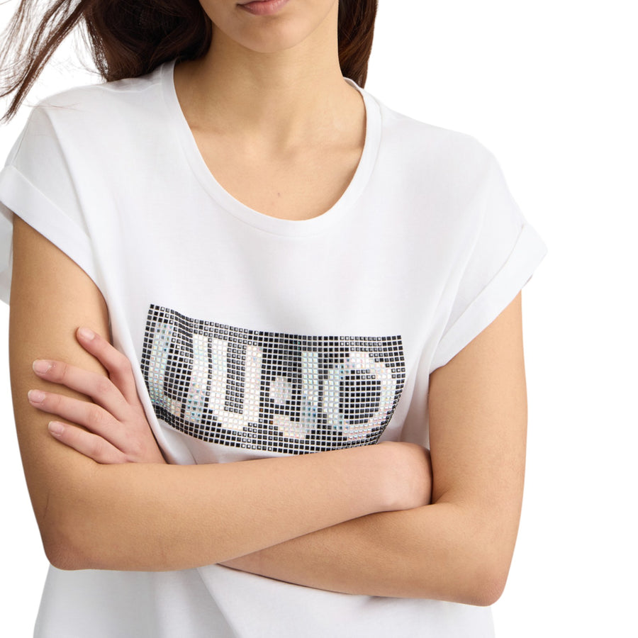 T-shirt donna con logo e strass