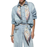 Camicia donna donna in denim con stampa digitale