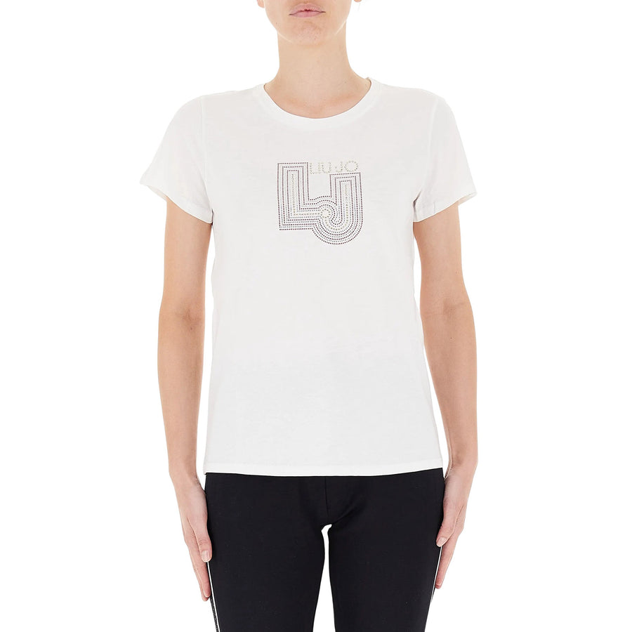 T-shirt donna con logo e strass