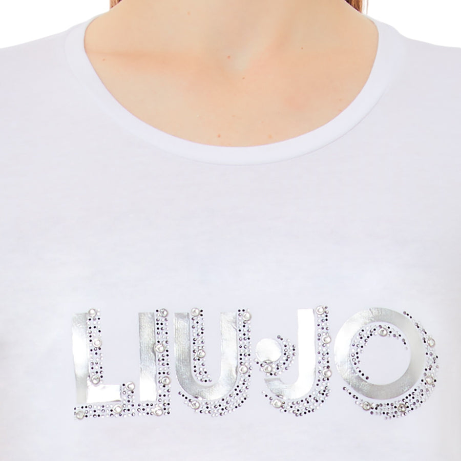 T-shirt donna con logo e strass