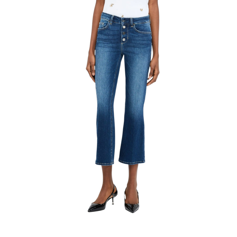 Jeans donna flare con bottoni gioiello