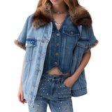 Gilet donna in denim con dettagli teddy