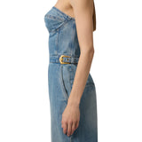 Tuta donna bustier in denim con fibbie