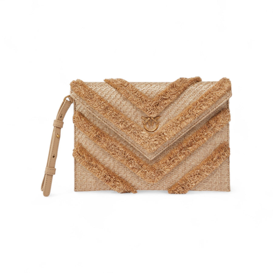 Borsa donna pochette piatta in rafia chevron sfrangiata
