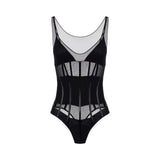 Body donna in tulle stretch con dettagli in vinile