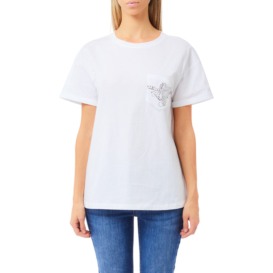 T-shirt donna con taschino logo e strass