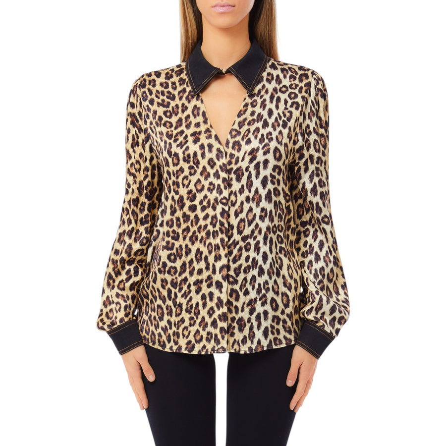 Camicia donna animalier con dettagli in denim