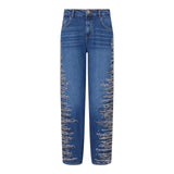 Jeans donna straight con ricami gioiello