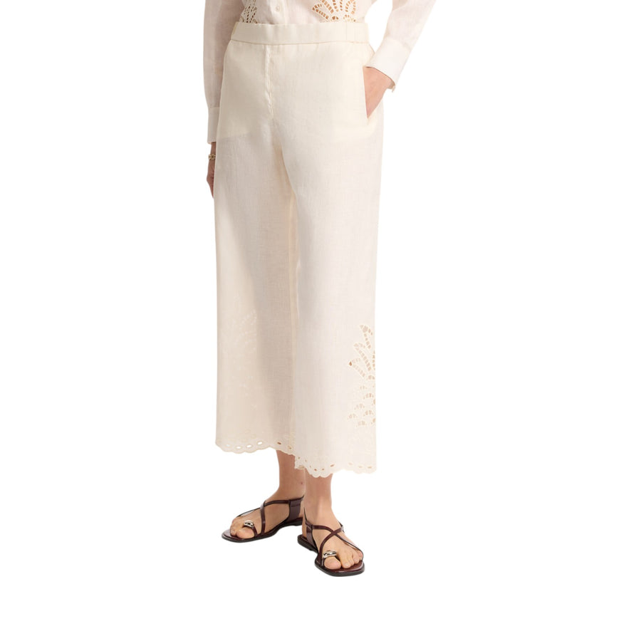 Pantaloni donna cropped ricamati in lino