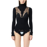 Maglia donna in costina stretch con inserti in pizzo e raso