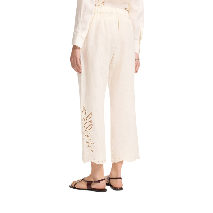Pantaloni donna cropped ricamati in lino