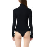 Maglia donna in costina stretch con inserti in pizzo e raso