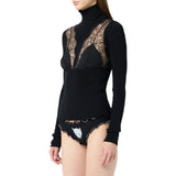 Maglia donna in costina stretch con inserti in pizzo e raso