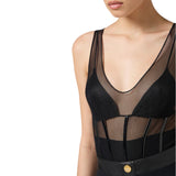 Body donna in tulle stretch con dettagli in vinile