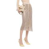 Gonna donna longuette effetto rete con strass