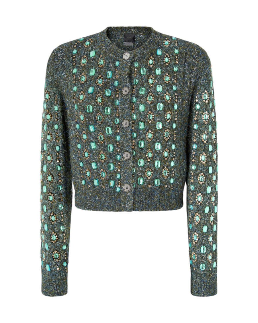 Cardigan donna in maglia mulinè con applicazioni gioiello
