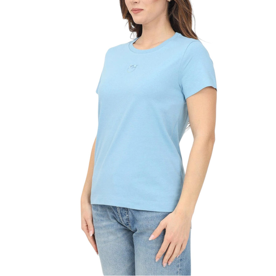 T-shirt donna a manica corta azzurra con ricamo logo Love Birds Monogram