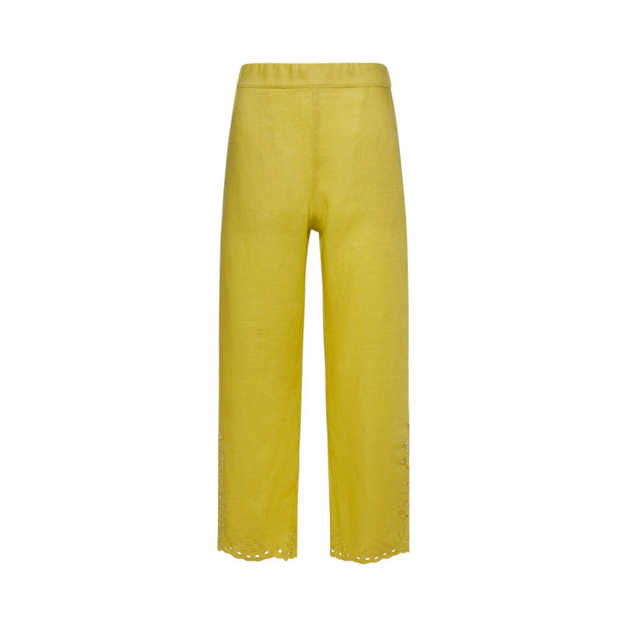Pantaloni donna cropped ricamati in lino