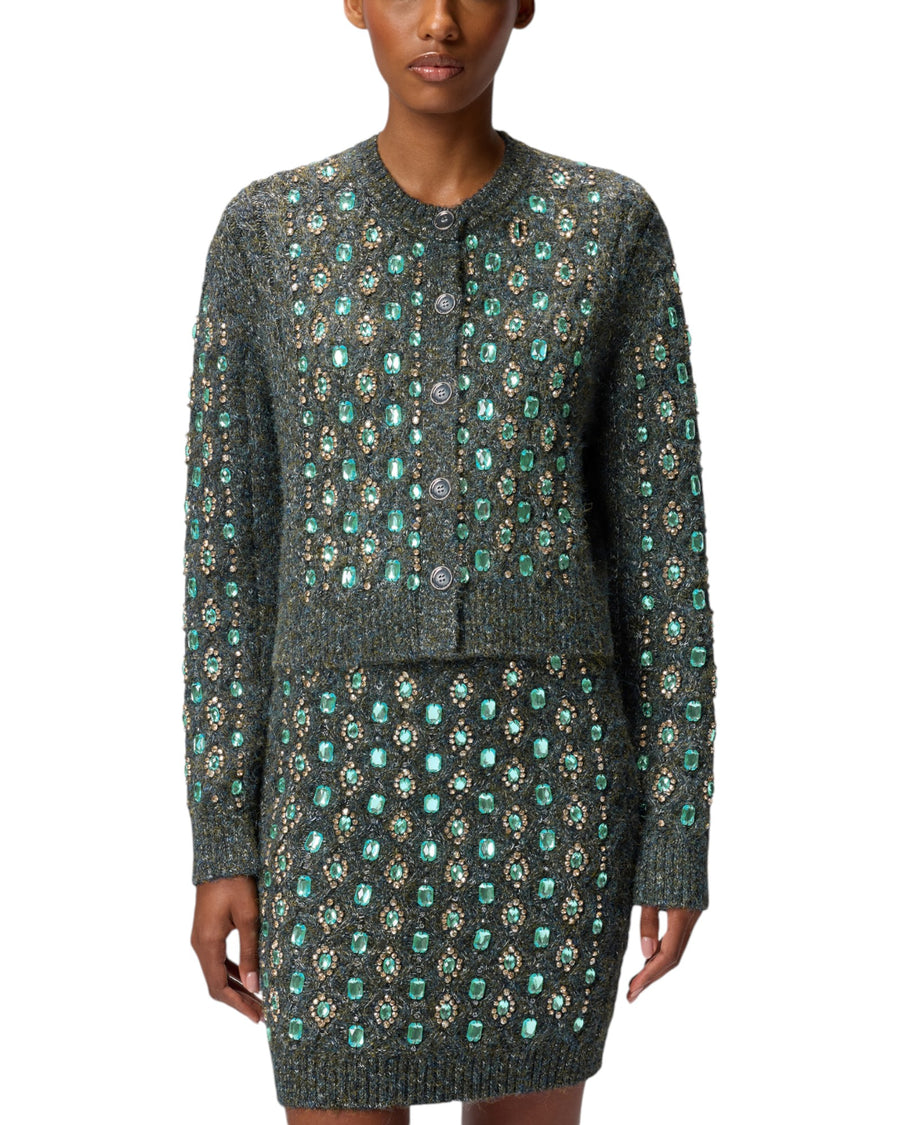 Cardigan donna in maglia mulinè con applicazioni gioiello