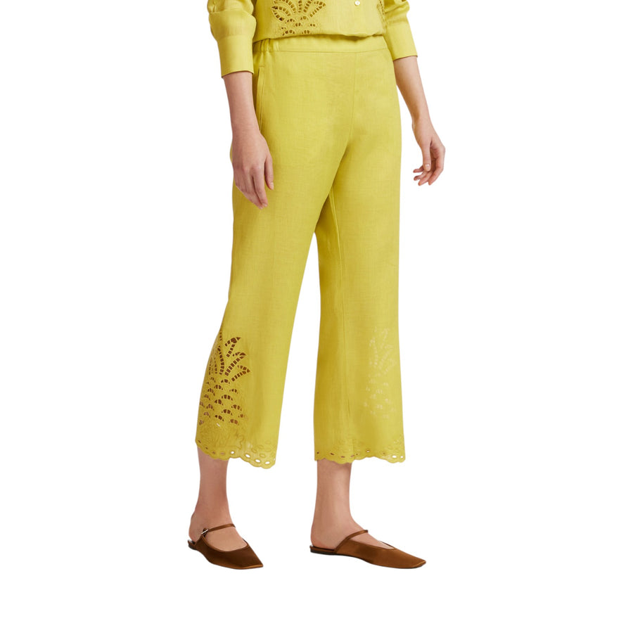 Pantaloni donna cropped ricamati in lino
