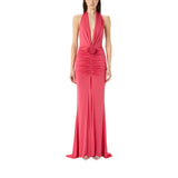 Abito donna lungo in jersey lucido con rosa