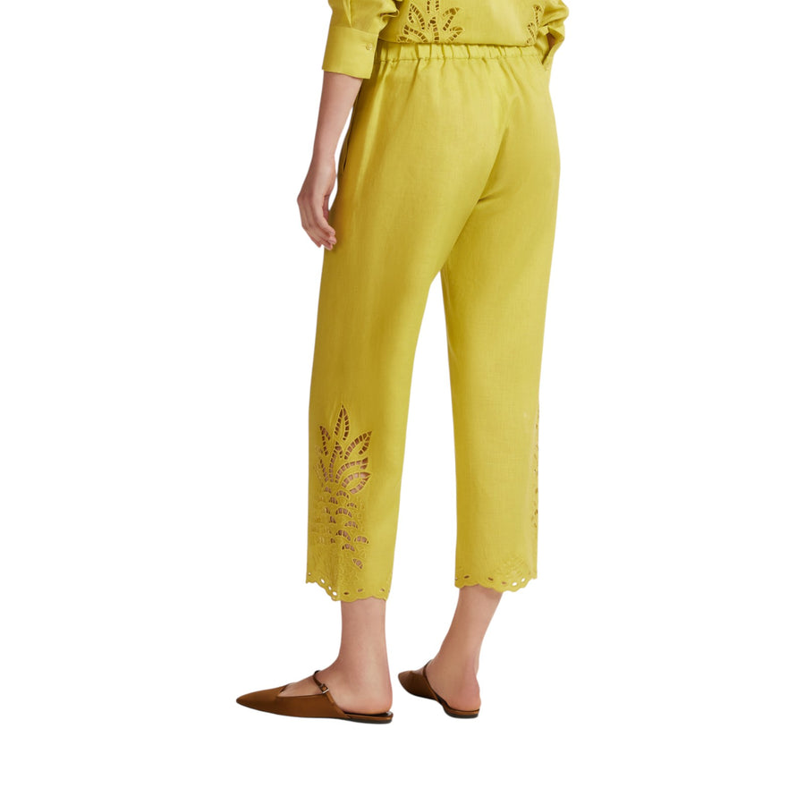 Pantaloni donna cropped ricamati in lino