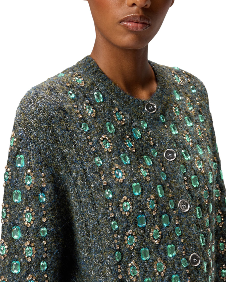 Cardigan donna in maglia mulinè con applicazioni gioiello