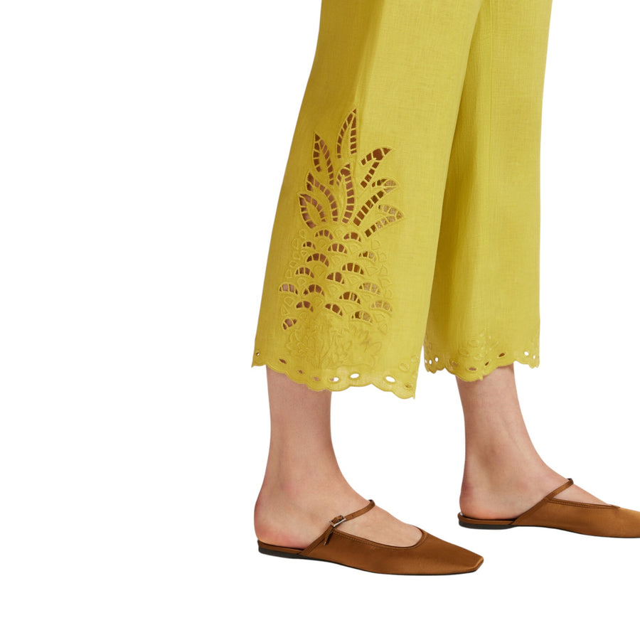 Pantaloni donna cropped ricamati in lino
