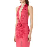 Abito donna lungo in jersey lucido con rosa