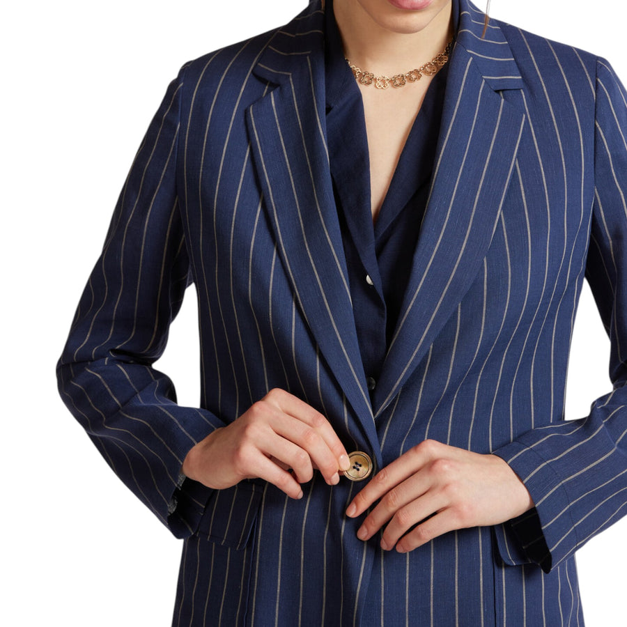 Giacca donna gessata in lino e lyocell