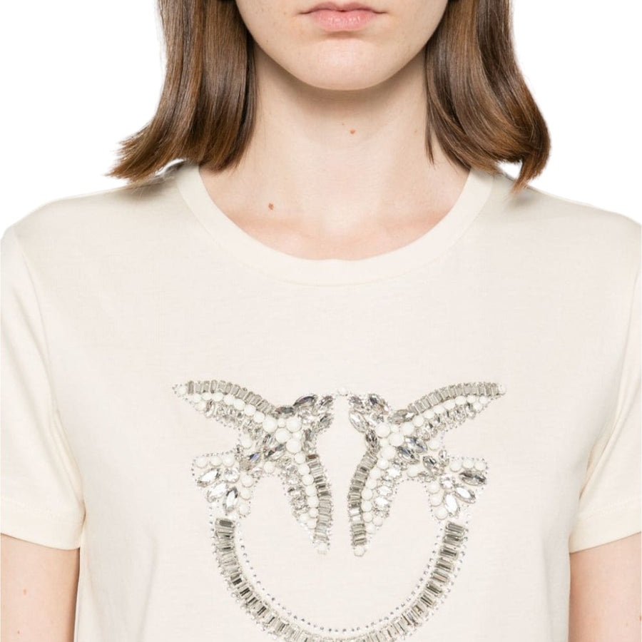 T-shirt donna con ricamo logo Love Birds in cristalli