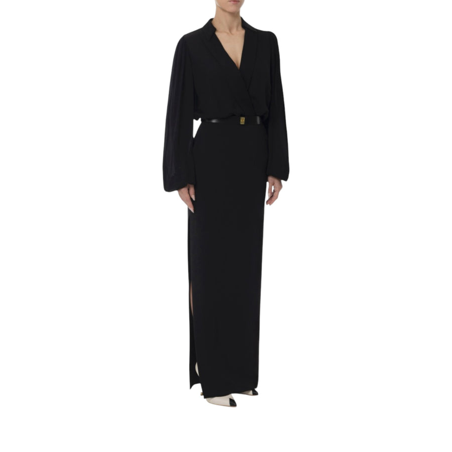 Abito donna lungo a camicia in crêpe con cintura