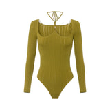 Body donna in maglia a costine con dettagli à jour