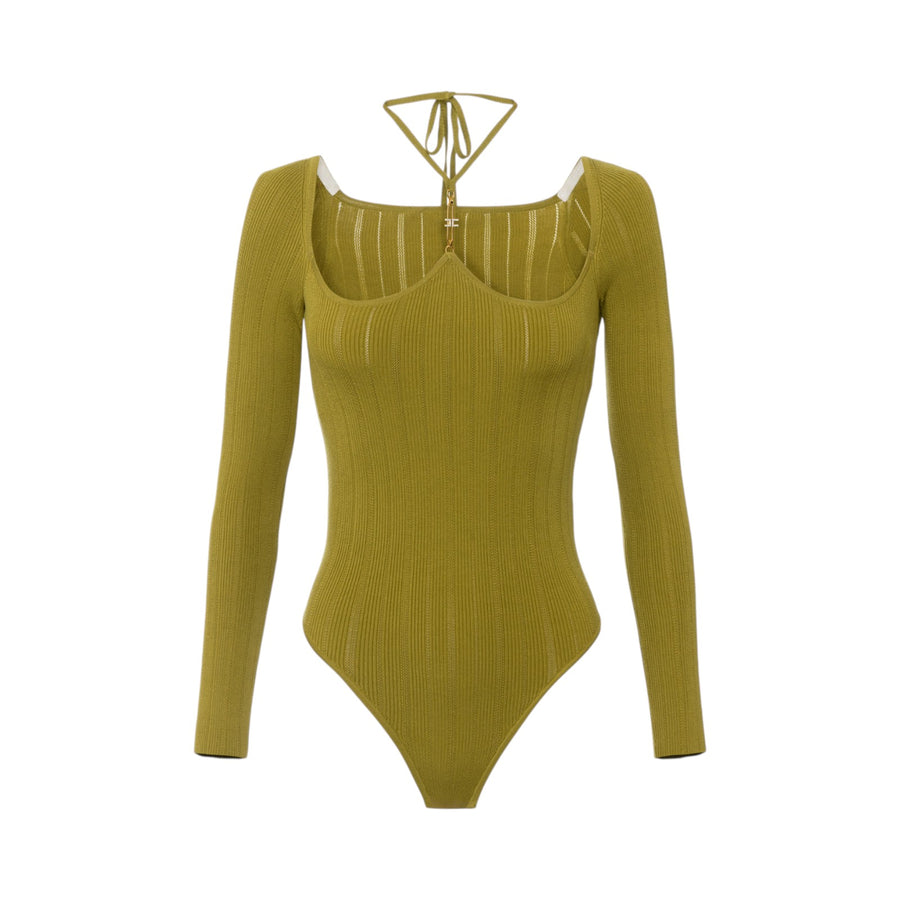 Body donna in maglia a costine con dettagli à jour