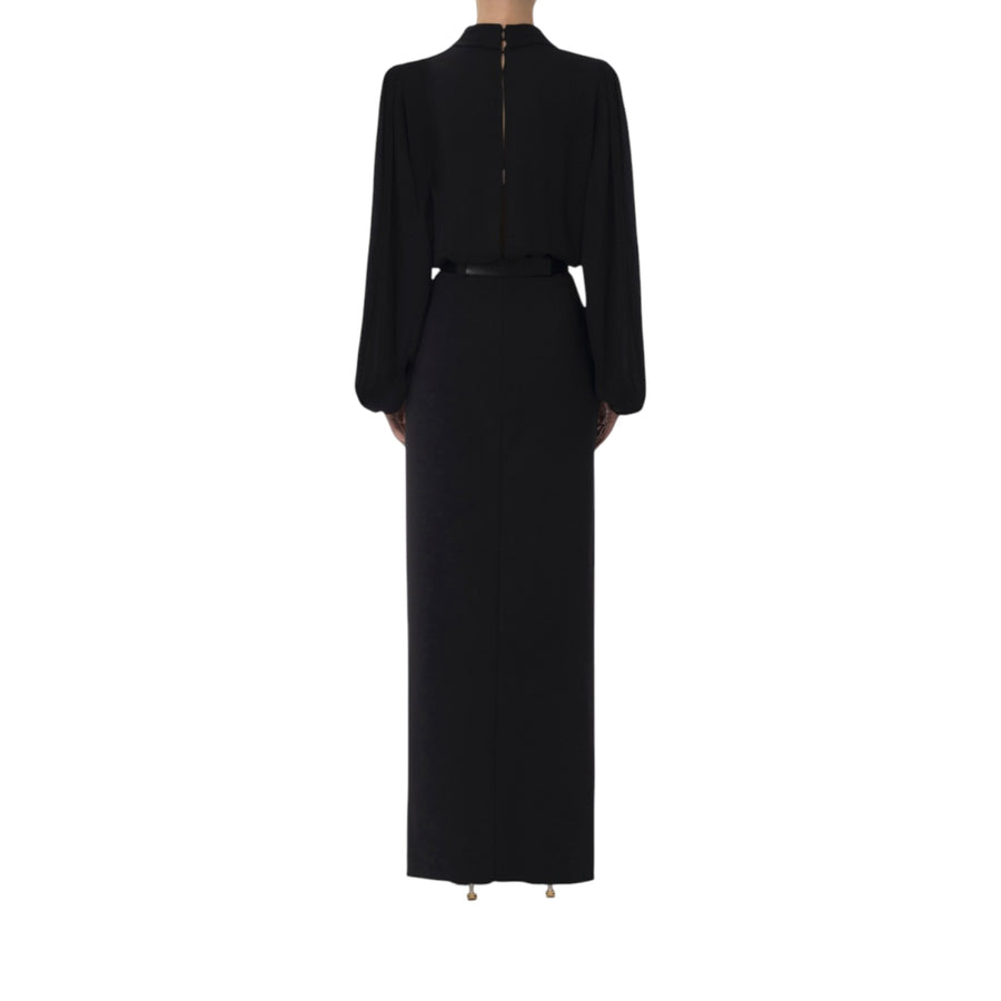 Abito donna lungo a camicia in crêpe con cintura