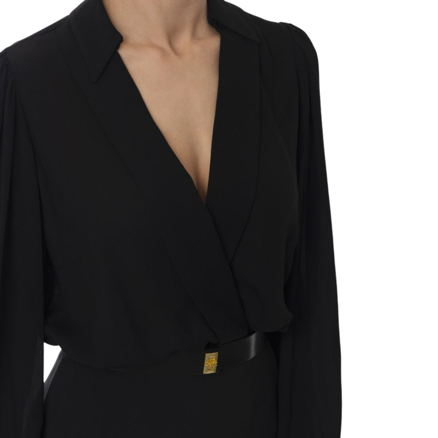 Abito donna lungo a camicia in crêpe con cintura