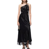 Abito Donna lungo in satin con drappeggio e pizzo