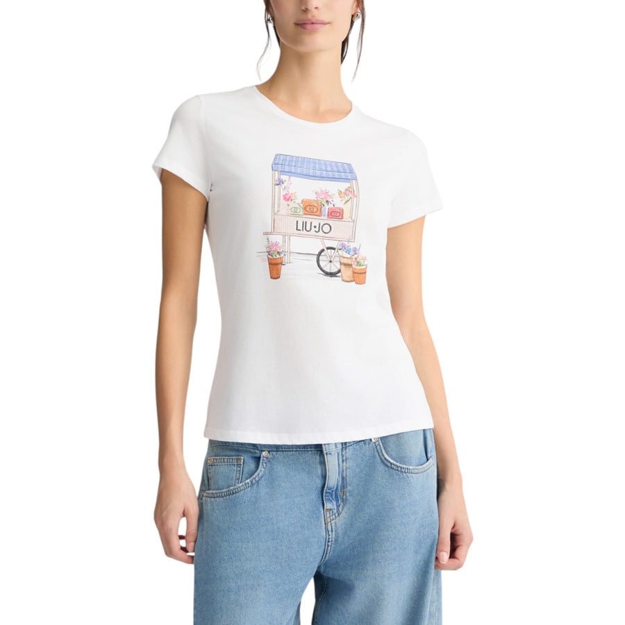 T-shirt donna con stampa e strass