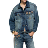 Giacca donna donna in denim con spille gioiello