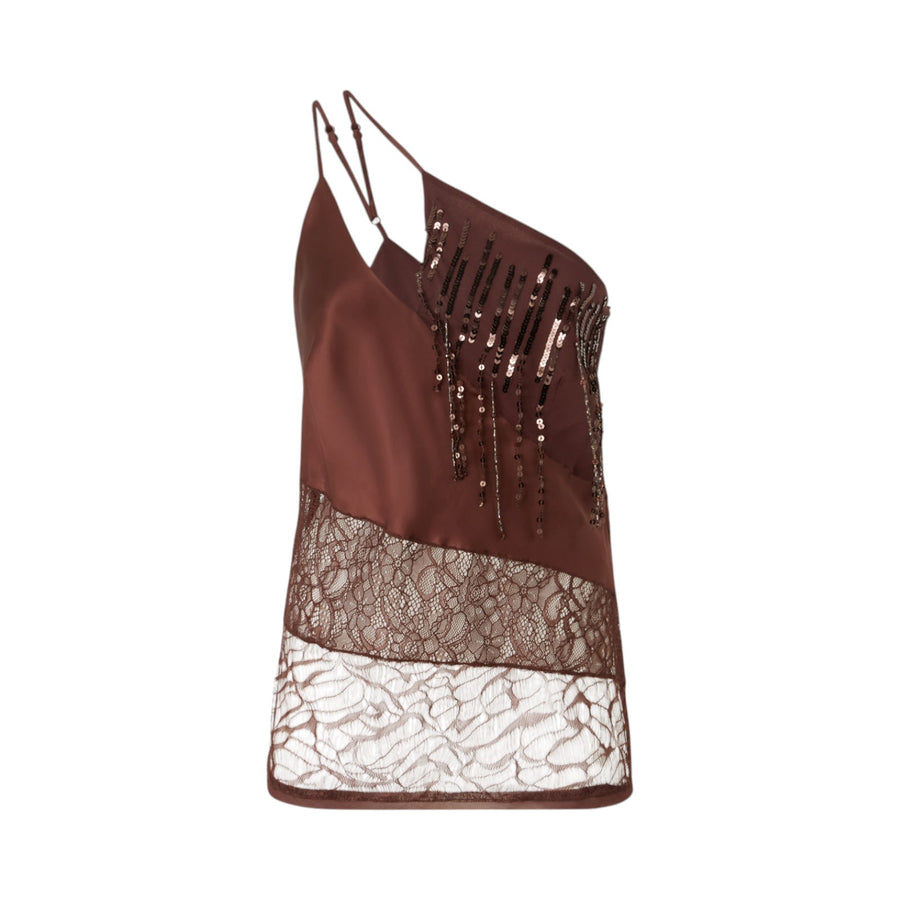 Top donna monospalla in raso con pizzo e paillettes