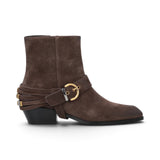Stivaletti donna alla caviglia in suede con cinturini e tacco texano