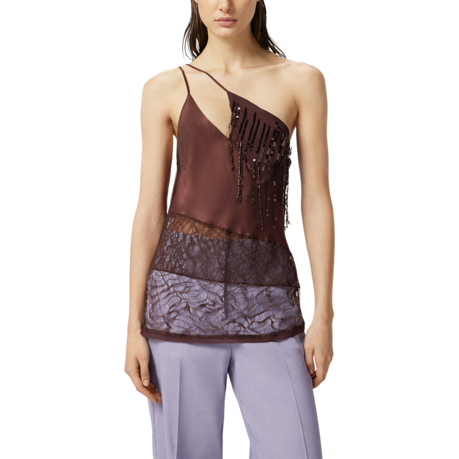 Top donna monospalla in raso con pizzo e paillettes