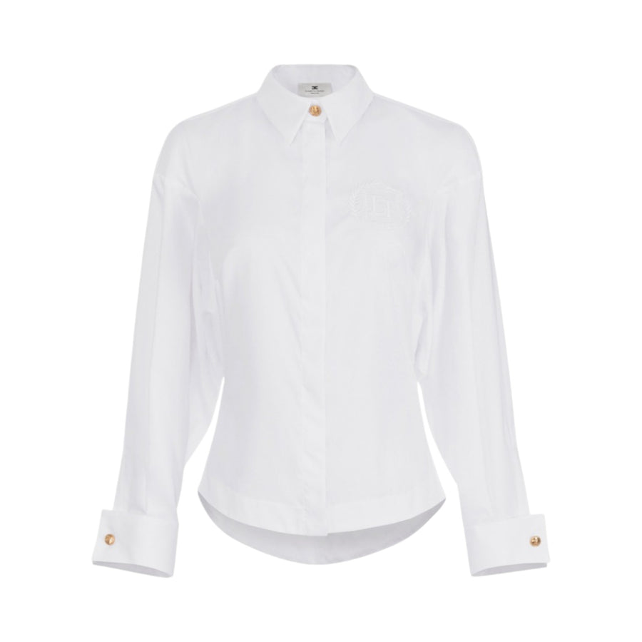 Camicia donna in popeline di cotone con arricciatura e stemma logo