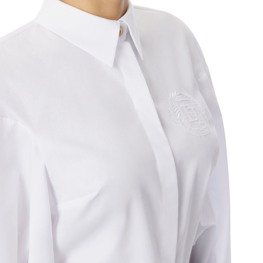 Camicia donna in popeline di cotone con arricciatura e stemma logo