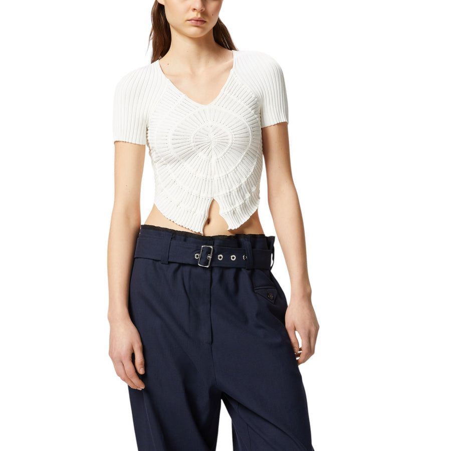 T-shirt donna corta in maglia a costine