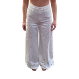 Pantalone donna ampio in bull con ricamo sangallo
